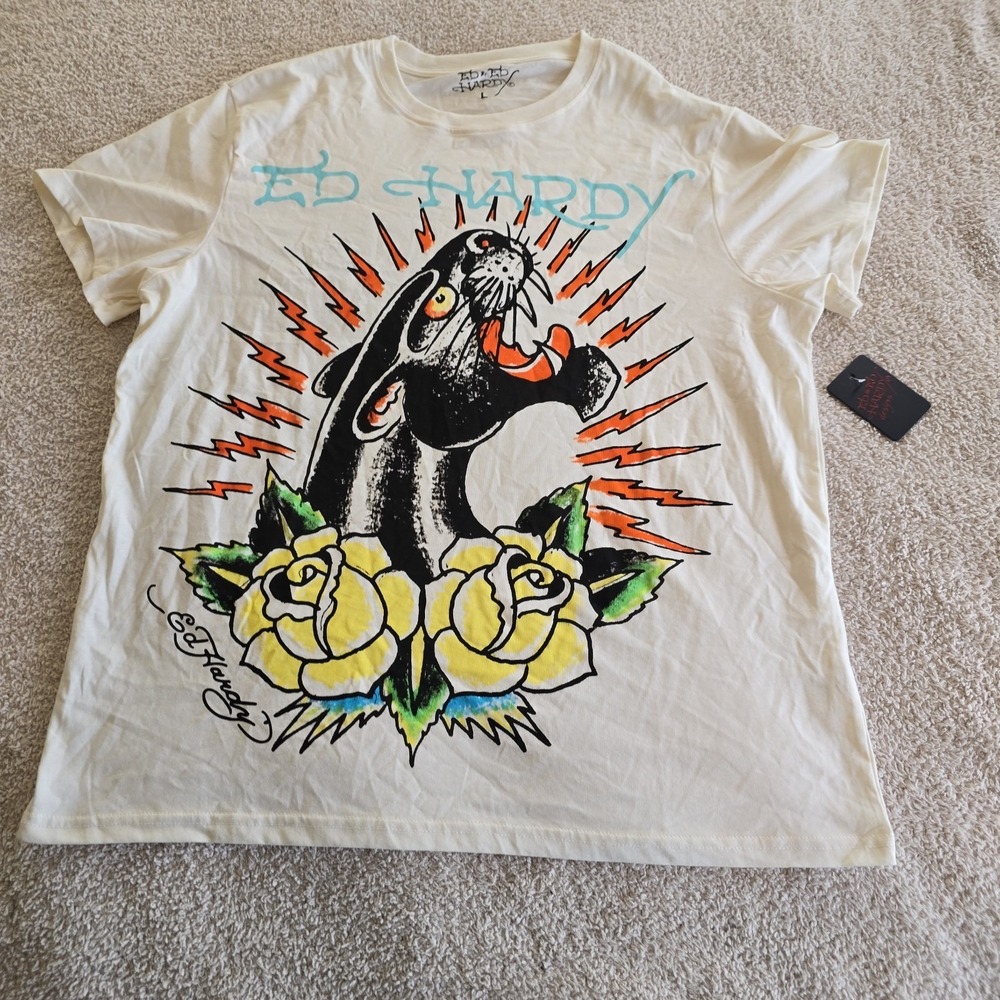 Ed Hardy Panther Roses Tattoo-inspired Ivory T-shirt Y2k Vibes Men's Size L NWT
